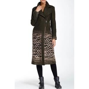 L.A.M.B. Women's Laser Lazer Cut Boil Wool Blend Long Coat Olive Green Size 4